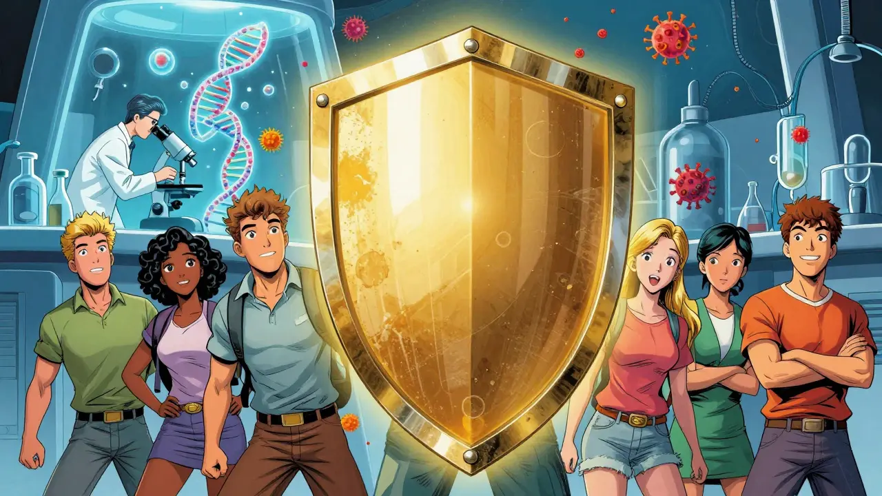 People protected by a golden shield from viruses with a scientist researching a cure in the background.