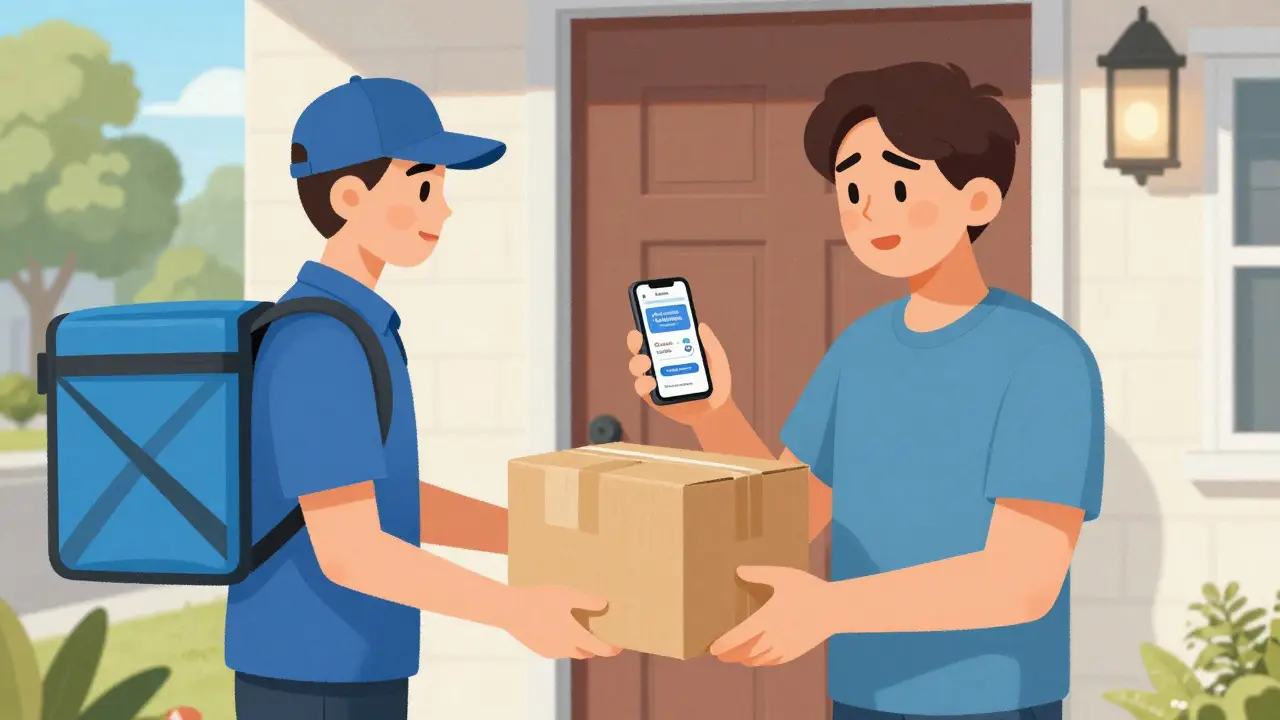 Person receiving a pharmacy delivery package at home in comic style.