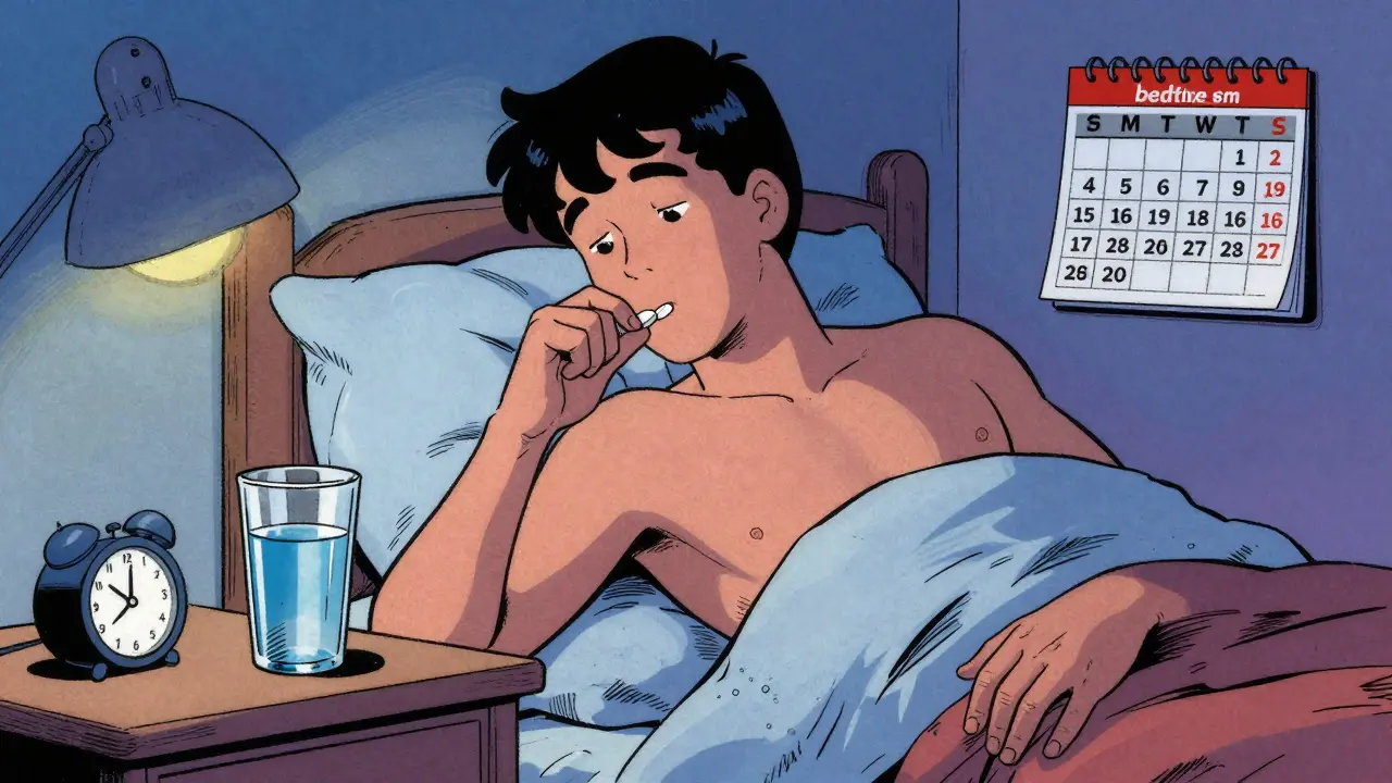Person taking medication with water at bedtime in a comic book style.