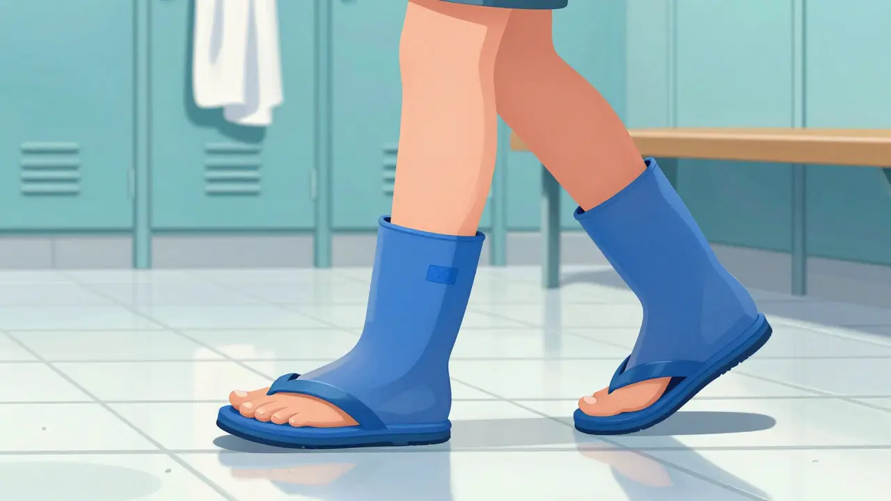 Person wearing flip-flops in a gym locker room to prevent fungal infections.