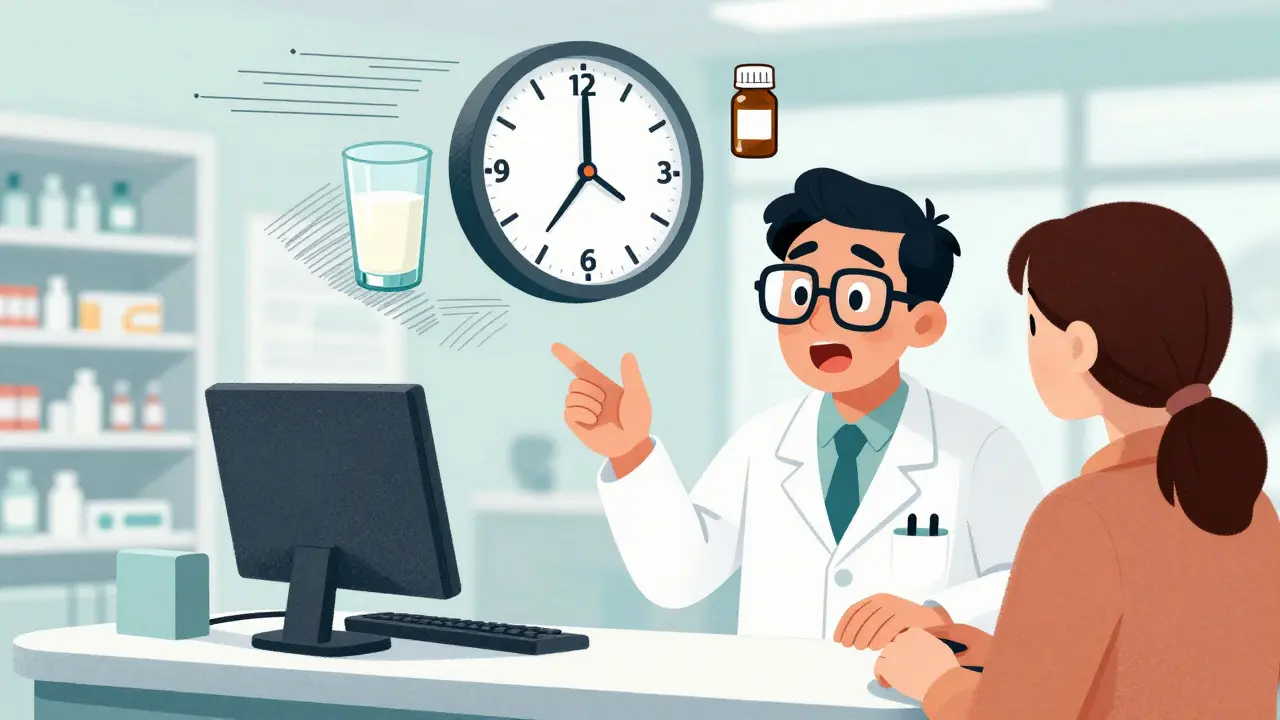 Pharmacist explaining the timing gap between dairy and medication using a clock.
